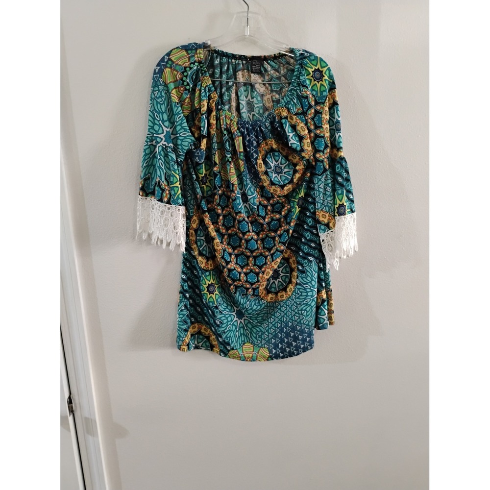 WinWin Half Sleeve Lace Tunic Teal Yellow Mandala Boho Print L XL